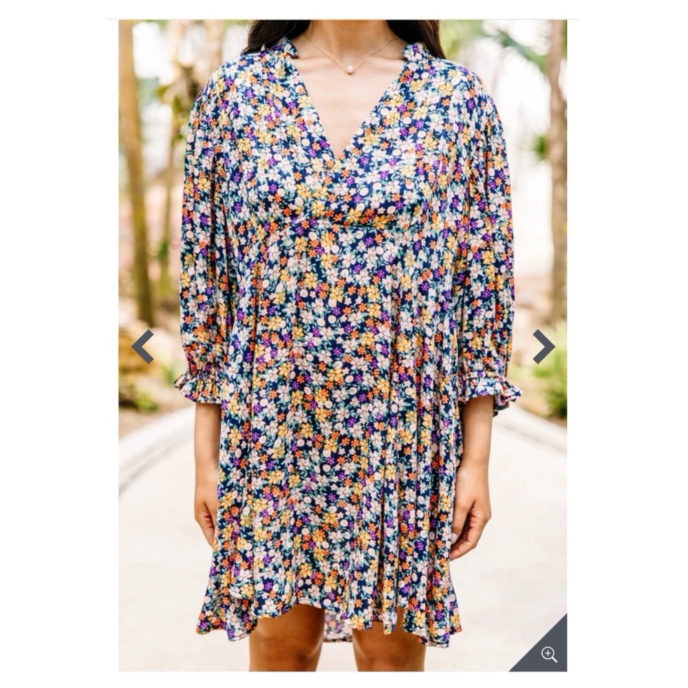 Umgee Floral Long Sleeve V-Neck Dress in Navy Multi - Picture 7 of 7